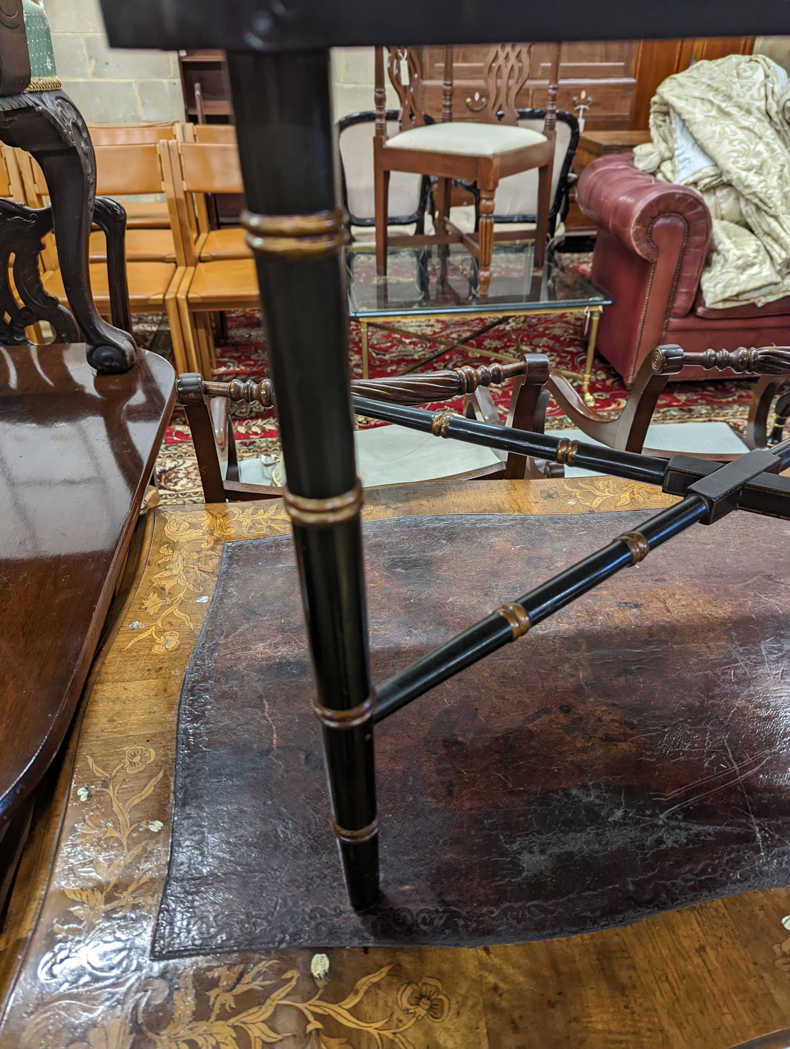 A Regency style rectangular papier mache tray top table, width 76cm, depth 56cm, height 54cm